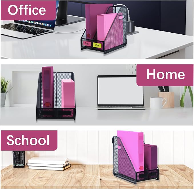 Desk Organizers, Metal Magazine File Holder with 2 Vertical Compartments Rack Binder File Organizer for Office Supplies, Home Workspace - Black