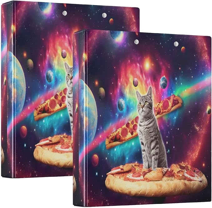 Custom 3 Ring Binder Cat Pizza Planets 1.5" Round Ring Binders Personalized Name View Binder with 200 Sheet for Women Men Office Kids School Supplies, 1 Pack