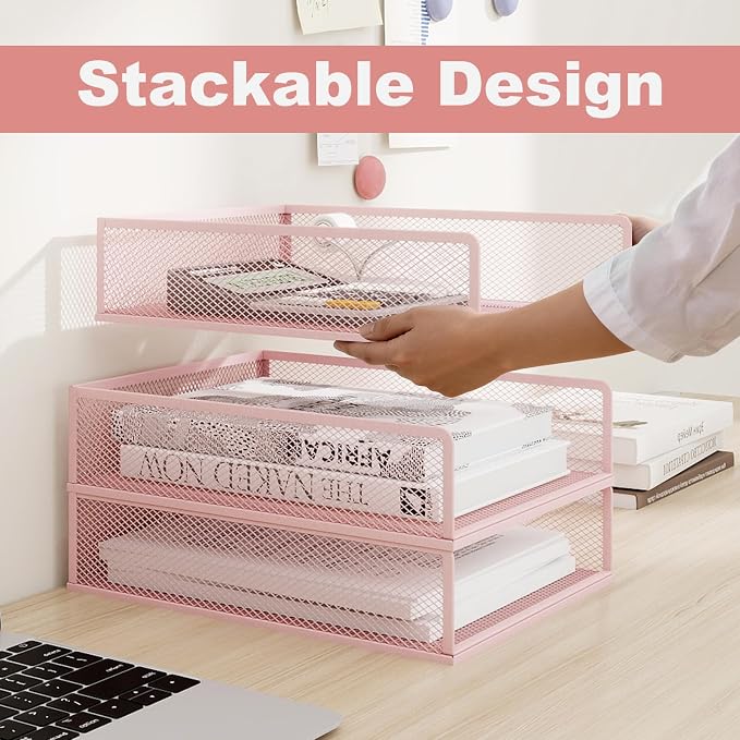 Natwind 3-Tier Stackable Metal Mesh Letter Paper Tray Organizer,Pink | Desk Organizer For Paper,Document,Mail Tray For Office Supplies,File Holder For Home Office School Classroom Organization