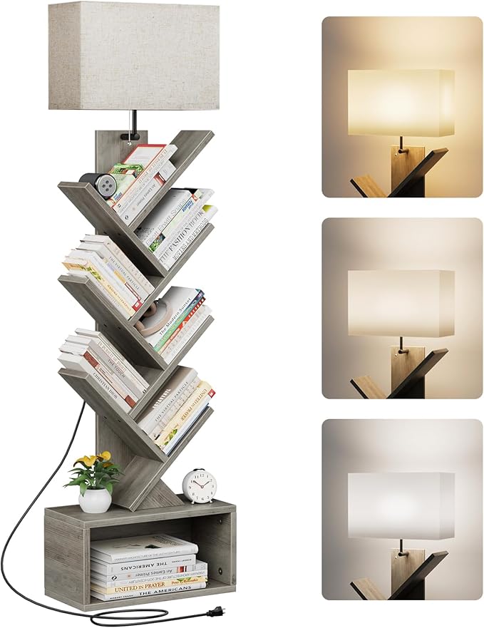 Evermagin 6 Tier Tree Bookshelf with Light, Bookcase, Gray | Narrow Tower Design, Storage Cabinet for Book Organization, Tall Floor Standing Use, Living Room, Bedroom and Home Office