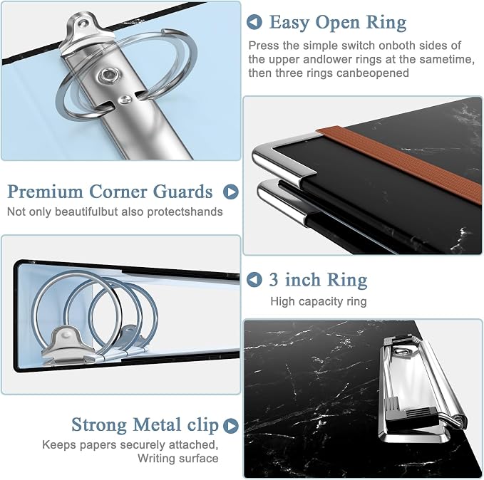 3 Ring Binder, 3 Inches Round Ring Binder with Clipboard, Dividers Tabs, PVC Zipper Bag Sleeves & to Do List Planners for Women, Men, School, Office Supplies, Black Marble