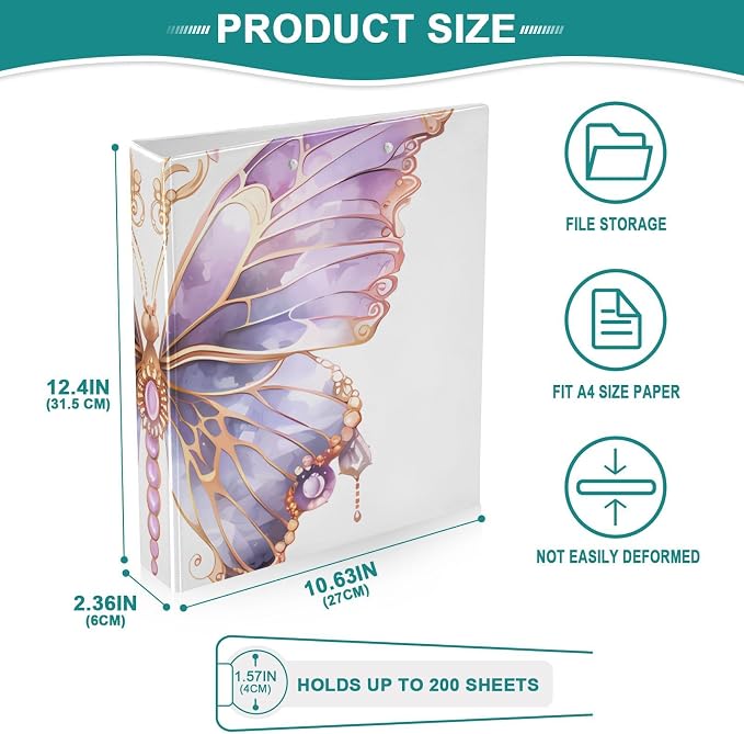 3 Ring Binder Butterflies Purple Butterfly 1.5 inch Binders Three Ring Binders with Clipboard Fit 8.5'' x 11'' Paper 3 Interior PVC Clear Pockets for Office Supplies