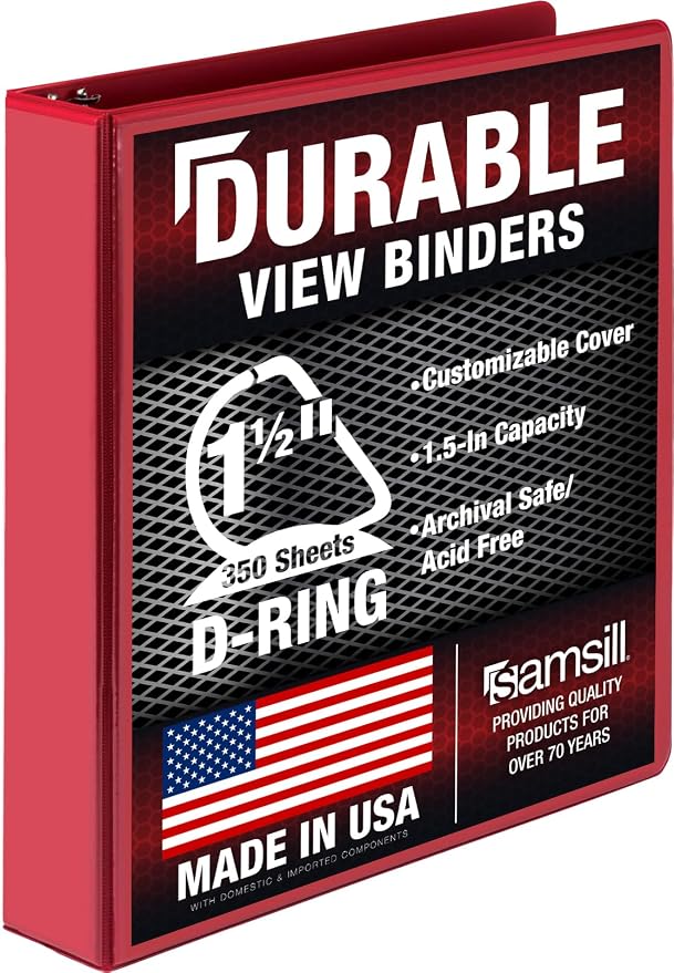 Samsill Durable 1.5 inch 3 Ring Binder, D Ring Binder, 100% Recycled Chipboard, Red