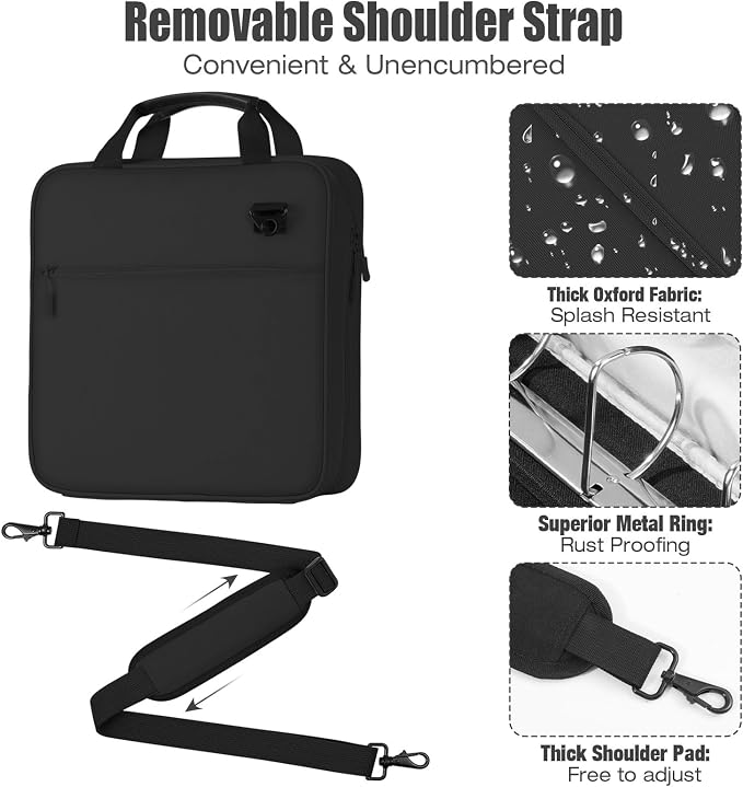 MoKo Zipper Binder, 3 Inch 3 D Ring, 5 Tab File Folders, 700 Sheets, Black | Water-repellent 900D Oxford fabric with 5 folders, 2 mesh pocket, reinforced handle and adjustable shoulder strap.
