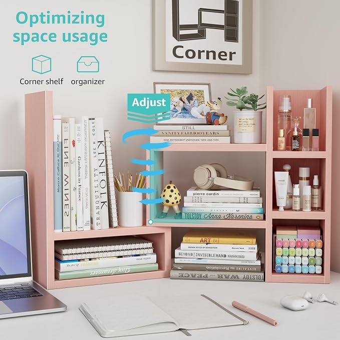 NUTIKAS Desk Shelves Desktop Organizer Shlef - Pink Office Organization for Top of Desk Organizers and Accessories Corner Bookshelf Table Top Shelving Small Hutch Decorations for Office