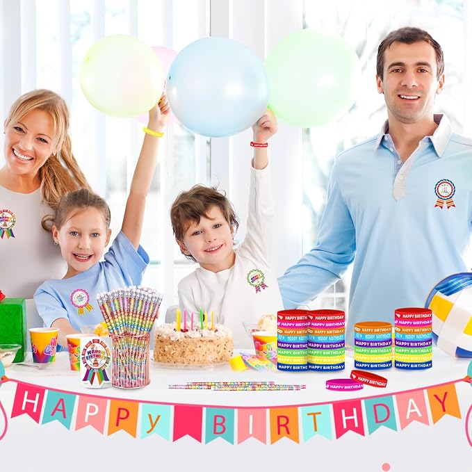 296 Pcs Birthday Pencils Set: 48 Happy Birthday Pencils, 48 Wristbands, 200 Badge Stickers for Teacher, Classroom, Party Supply