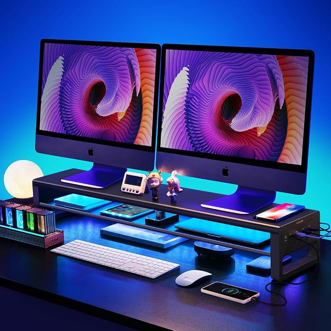 Vaydeer 2 Tiers Dual Monitor Stand Aluminum Monitor Riser with Wireless Charging and 4 USB 3.0 Hub Ports Metal Strong&Sturdy for PC Monitor Laptop Computer TV Printer Space Saving Desk Organizer