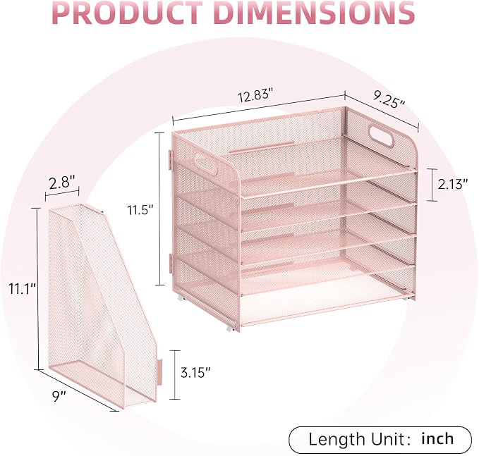 5-Tier Desk Organizer with File Holder, Paper Organizer for Desk, Pink | 5 Letter Trays and Vertical File Holder with Metal Mesh Frame for Papers Folders Books and Mail in Office Home or School
