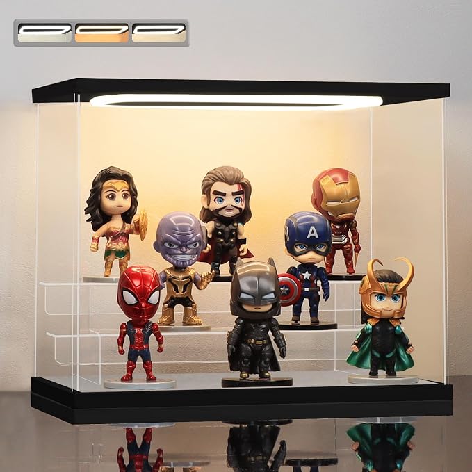 Clear Acrylic Display Case with Light 3 Tier Display Storage Box Assembly Dustproof Showcase for Collectibles Action Figures(Black, 12.0*6.9*9.4inch)