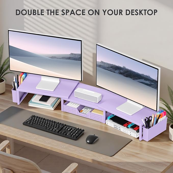 Desk Organizers and Accessories, Dual Monitor Stand Riser with Drawer and 2 Pen Holders, Desk Shelf Computer Racks for Office Workspace Organizers, Desktop Organization (Purple)