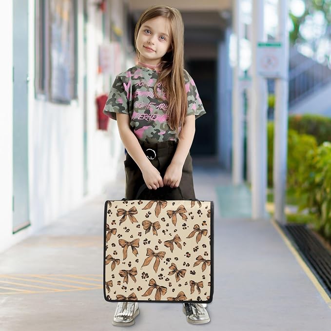 Aslsiy Zipper Binder Leopard Print 1.5 inch 3-Ring Binder Organizer Brown Bows with Shoulder Strap for School Office Supplies