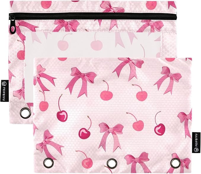 Pink Bows Cherry Pencil Pouch for 3 Ring Binder, 2 Pack Waterproof Pencil Bags Clear Window Pencil Case Zipper School Office Supplies