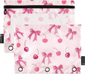Pink Bows Cherry Pencil Pouch for 3 Ring Binder, 2 Pack Waterproof Pencil Bags Clear Window Pencil Case Zipper School Office Supplies