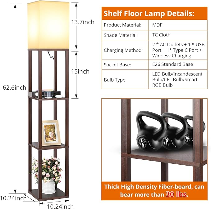 Shelf Floor Lamp with Wireless Charger, USB, Type C, AC Port,Brown | Fast Charging USB Ports & Type C Port & 2 Power Outlets, 3 Tier Storage Shelf Lamp, E26 Base, 60W Max(Bulb Not Included)