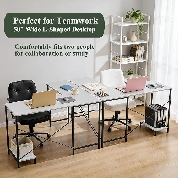 L Shaped Desk Computer Desk, 50inch White Gaming Desk with CPU Stand | Reversible Corner Desk, Sturdy Metal Frame, Student Study Writing Table for Home Office