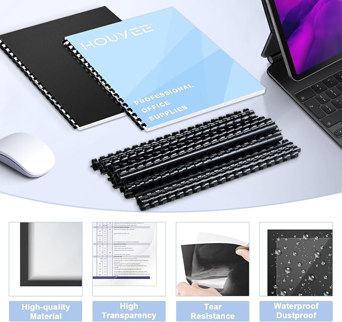 HOUYEE 180 Pack Comb Binding Covers and Backs Set, 8.5x11 Inch, Letter Size | 60 Pcs 3/8 Inch Black Binding Combs, 60 Pcs 10 Mil Clear Binding Covers, 60 Pcs 12Mil Black Plastic Sand Texture Polycovers
