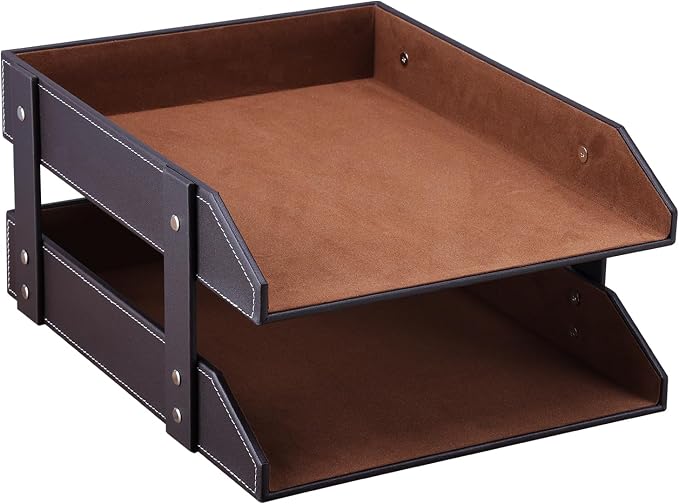 Letter Tray, Leather Paper Organizer Tray, Wooden Desk File Holder, Desktop File, Stackable Magazine Holder, Mail Sorter, Great for Home or Office - 2 Level Brown
