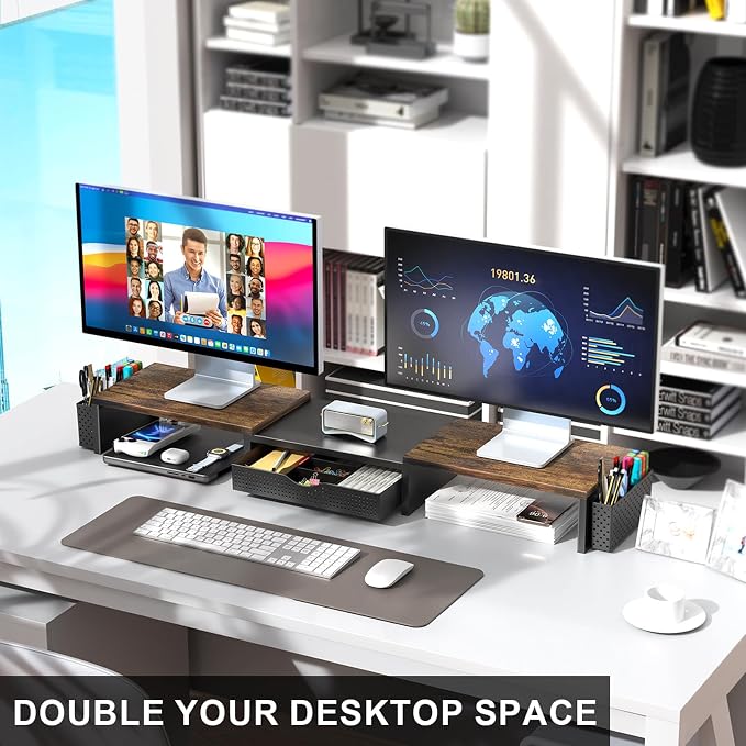 gianotter Dual Monitor Stand Riser With Drawer and 2 Pen Holders | Wood Computer Monitor Stand Desk Organizer and Accessories Desk Shelf for Top of Desk (Wood)