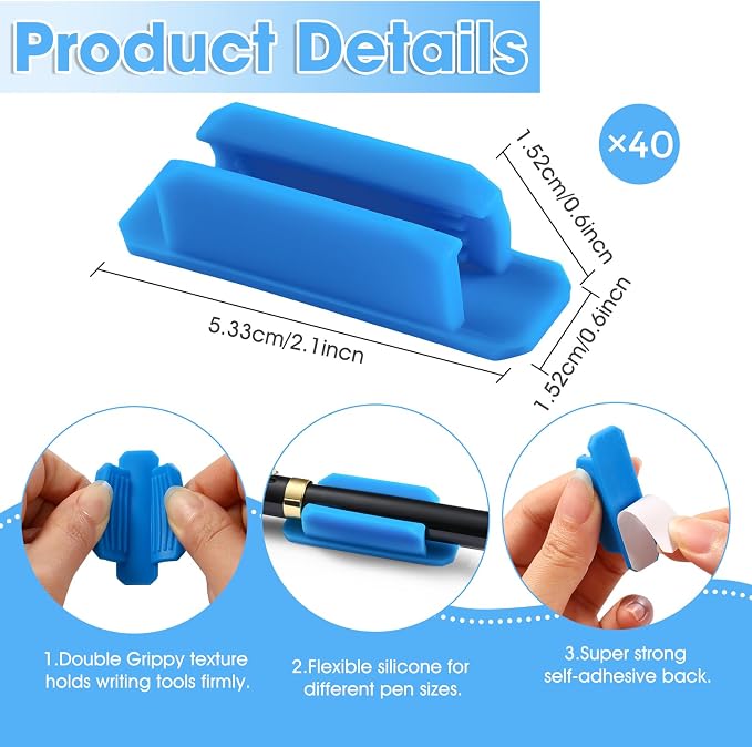 VZZNN Adhesive Pen Holders for Desk Set of 40 - Reusable Silicone Pencil Grips with Strong Sticky Pads, Flexible Pen Holder for Wall, Clipboard, Notebook, Office Essentials & Teacher Supplies (Blue)