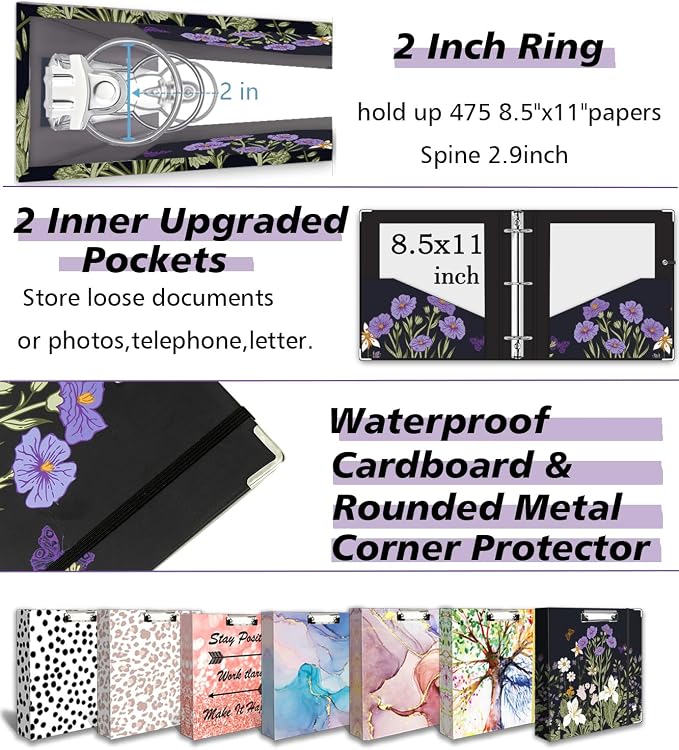 3 Ring Binder 2 Inch for 8.5"x11" Paper, Three Ring Binders with Clipboard, 5 Dividers with Tabs and Pockets, Plastic Folder, 18 Divider Stikers,Decorative Black Binder with Pen Holder,Weeds