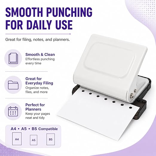 10 Hole Punch Binding Machine Kit for Planner (White) with 10 Multi-Color Spiral Coils, Adjustable A4 A5 B5 Paper Puncher, DIY Notebook Scrapbook Maker for Home Office School Organization