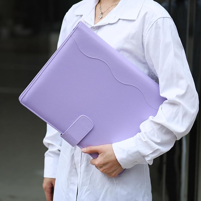 Wonderpool A4 PU Leather 3 & 4 Ring Holder Writing Portfolio Multi Document Case with Removable Binder Clipboard and Functional Pocket for Organizer Office Travel School (Purple)