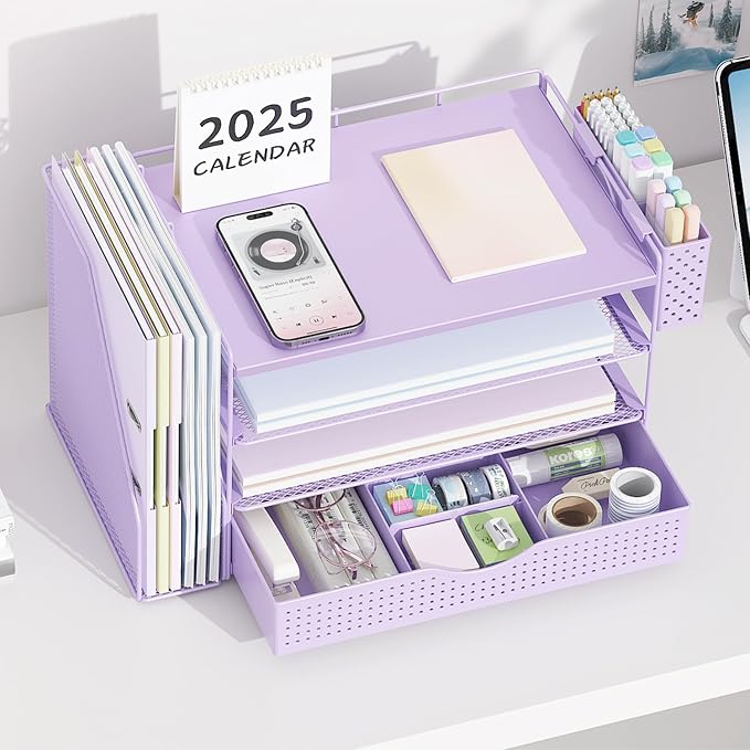 gianotter Wood Desk Organizers and Accessories with File Holder, 4-Tier Desk Accessories & Workspace Organizers with Drawer and Pen Holder, Desk Reference Organizer (Purple, 4T with Drawer)