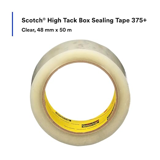 3M Scotch High Tack Box Sealing Tape 375+, Clear, 48 mm x 50 m, 36/Case