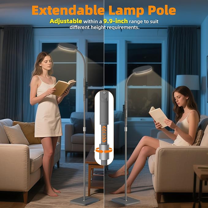 PACOVY Floor Lamp, Adjustable Height Floor Lamps for Living Room Bedroom, 120 LED Super Bright Standing Lamp Remote Control Dimmable Gooseneck Tall Stand Reading Lamp for Office Craft, Matte Gray