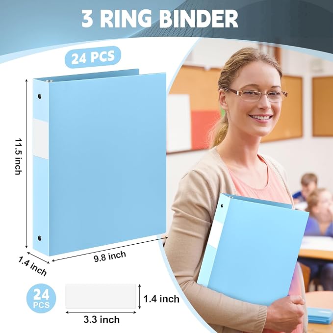 Henoyso 24 Pack 1 Inch 3 Ring Plastic Binders, Bulk Flexible PP Binders for Classroom & School Supplies, Letter Size 8.5 x 11, Holds 240 Sheets with Interior Pocket (Light Blue)