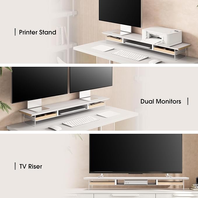 Fenge 42.5-Inch Monitor Stand with 2 Flexible Drawers, White | Metal Shelf, Solid Wood Accents, Clear Acrylic Legs, Modern Desktop Organizer for Dual Monitors, Laptop & Printer