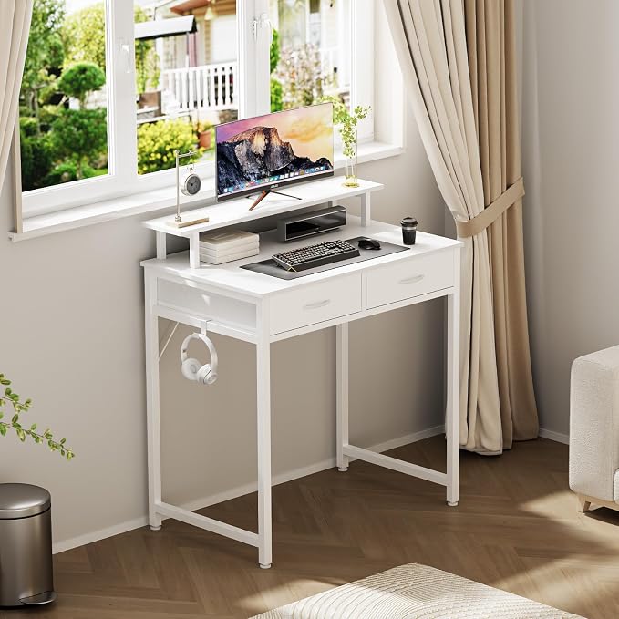 DUMOS 31-Inch Computer Desk with Drawers and Monitor Stand, White | Small Writing Desk for Home Office with Headphone Hook, Compact Study Table for Bedroom