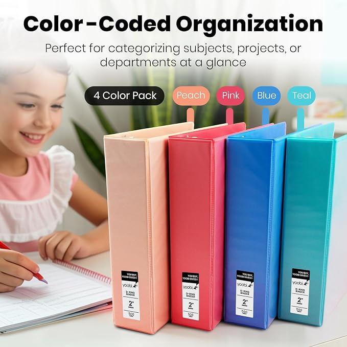 Yoobi 2 Inch 3-Ring Binder & 8-Tab Divider Set, 4-Pack, 2 Pockets, D Rings | 3-Ring Binder + 8-Tab Divider Set, 2 Interior Pockets, Blank Sticky Labels Included, 4-Pack of Each