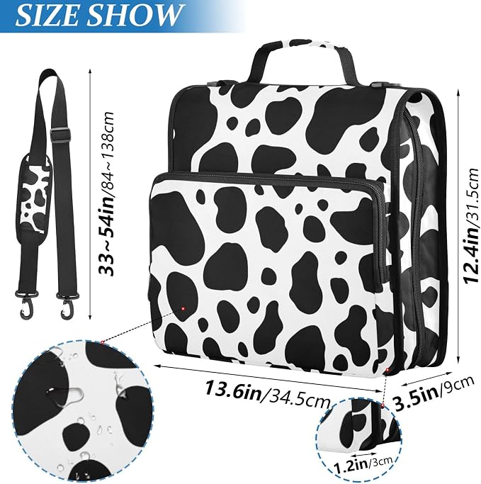 Fisyme Cow Print Zipper Binder 3 Ring with Zipper and Shoulder Strap Large Capacity Multi-Pocket Binder Organizer