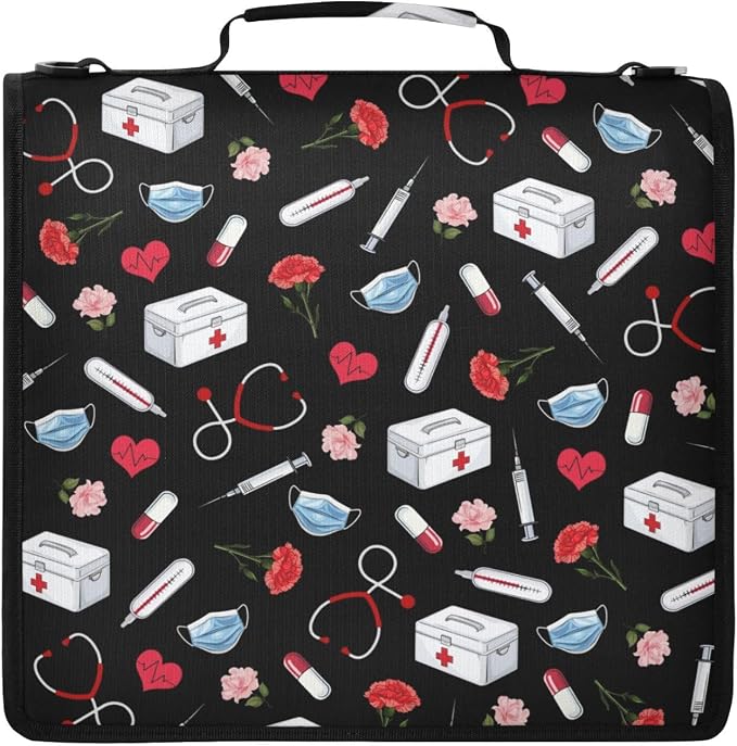 Nurse Print Zipper Binder File Organizer Bag 3 D-Ring | with Shoulder Strap, Holds 500 Sheets & 14in Laptop, 3 Ring Binder for Office Supplies