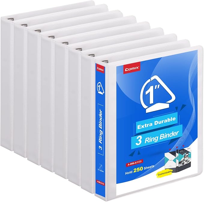 COMIX Heavy Duty Slant-D Ring View Binder, 1 inch 3 Ring Binders, Hold 225 Sheets of 8.5" x 11" Paper, 8 Pack (White)