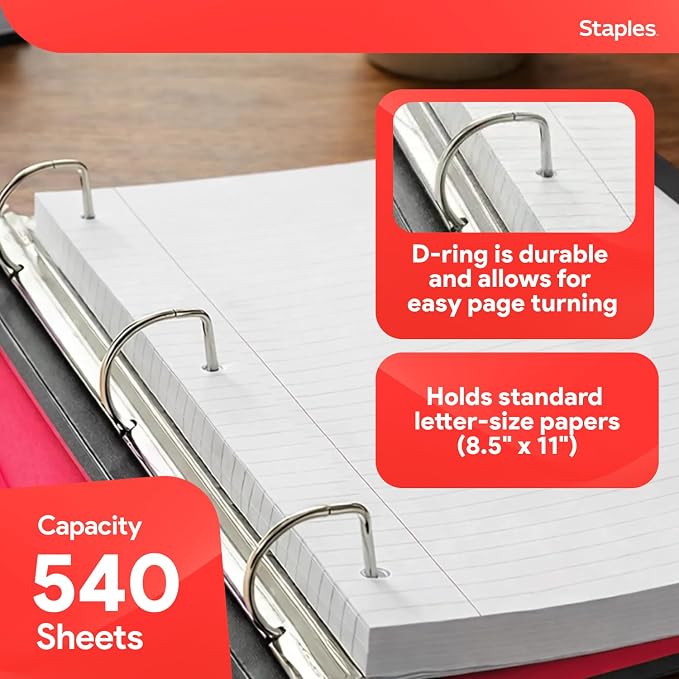 Staples Heavy-Duty 2-Inch D-Ring Binder, Red, Holds 540 Sheets | 3-ring binder with pockets for durable school and office document storage.