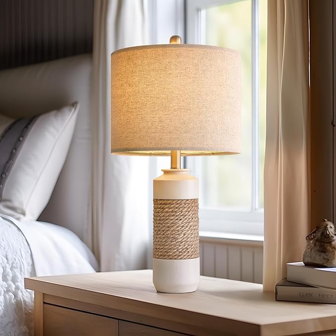 23.75" Bedside Table Lamps Set of 2 for Sleeping and Reading, Vintage Farmhouse Rattan Table Lamp Antique White Resin Lamp for Decoration, Office Living Room Bedside Table