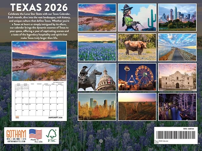Texas Calendar 2026 Wall 12 Month Monthly TX Scenic Souvenirs Texan Themed Gifts | American Made In The USA