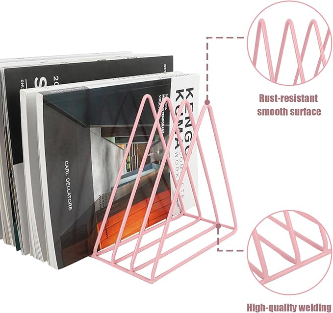 Vinyl Record Holder Storage, 9 Slot Metal Magazine Book Album Display Rack, Stylish Triangle Desktop File Sorter Organizer for Home Office, Pink