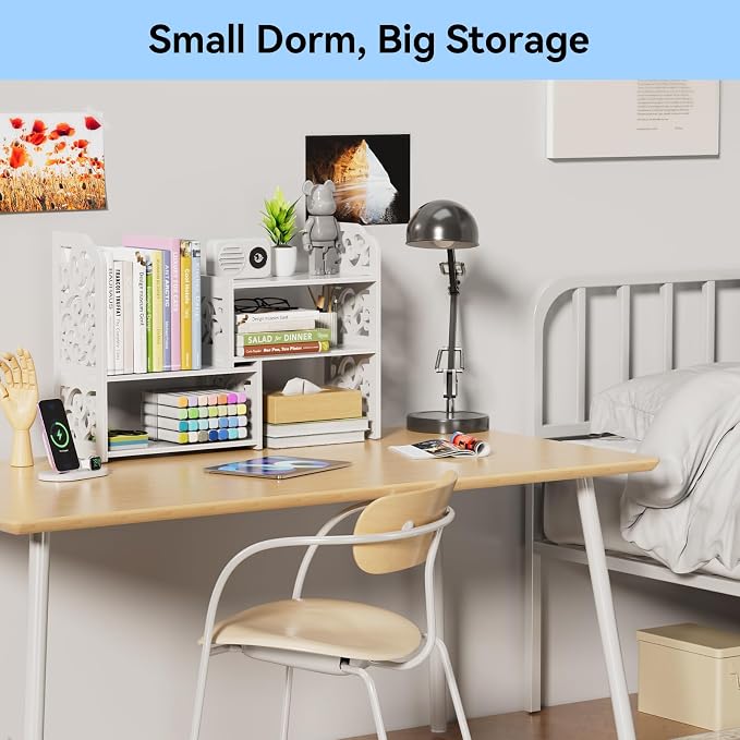 YGYQZ Adjustable Desktop Shelf Organizer, 3-Tier Expandable Desk Shelf, White Pattern