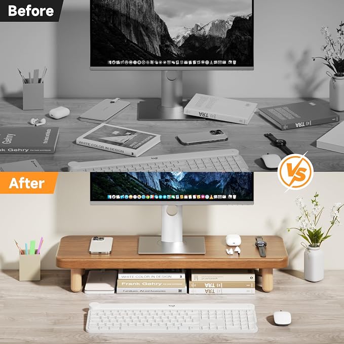 Monitor Stand Riser, 24 Inch Wood Desk Organizer with Monitor Stand & Storage Computer Monitor and Laptop Riser Multifunctional Laptop Stand Desk Organizer for Office Home Screen/Laptop/PC (Walnut)