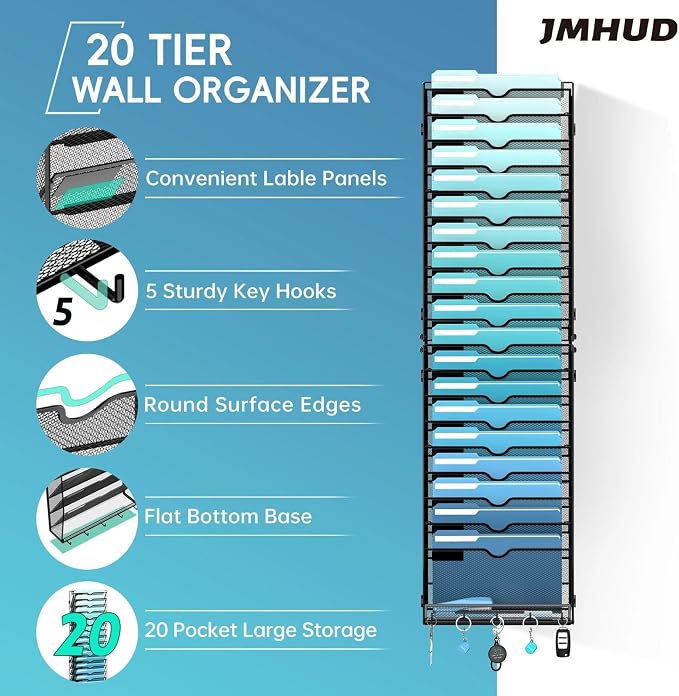 20-Tier Wall File Organizer and Mail Organizer with 5 Hooks, Black | Label slots, curved openings, 5 key hooks, and a bottom tray support organized mail, file, and everyday item storage.