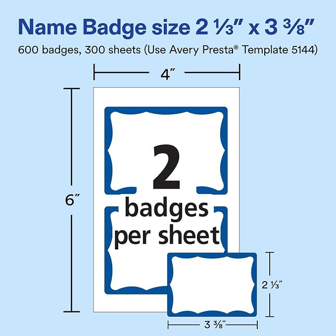 Avery Customizable Name Tags, 2-1/3" x 3-3/8", White with Blue Border, Removable Adhesive, 100 Name Badge Labels per Pack, Great for Meetings, Events, and More (6 Packs of 44144)