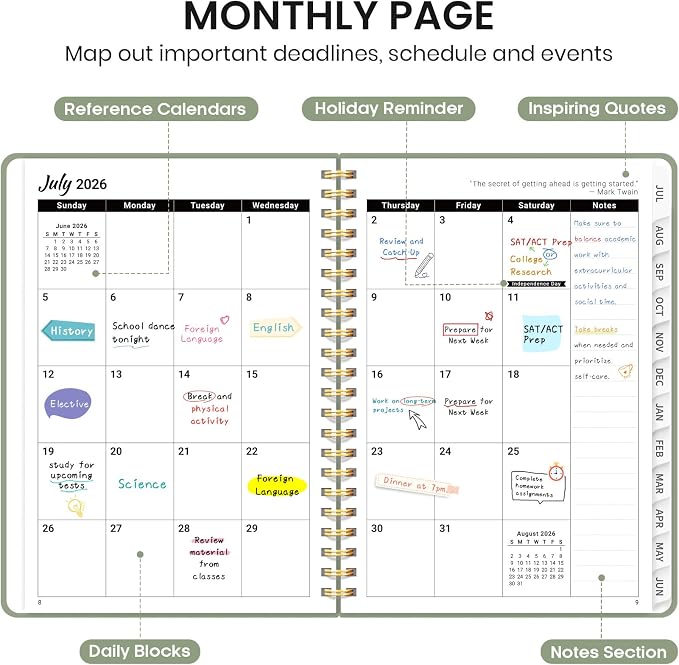 Taja Planner 2026-2027, Jul 2026-Jun 2027 Monthly & Weekly Calendar Book | 6.3" x 8.5", Hardcover Academic Calendar with Tabs, Teacher Student Agenda Book for School Office Supplies - Green