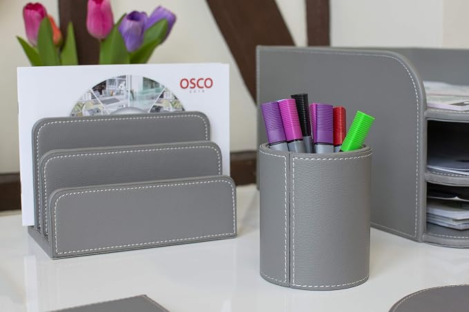 OSCO Faux Leather Mail Sorter & Envelope Organiser – Desk File Storage Stand with Display Slots – Modern Letter Holder Tray Minimalist Home & Office – Grey