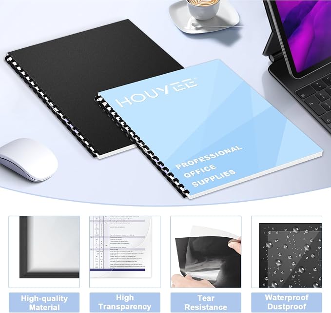HOUYEE 100 Pack Binding Covers and Backs Set, 8.5x11 Inches, Letter Size | Including 50 Pcs 8 Mil Clear Binding Covers, 50 Pcs 12 Mil Black Plastic Sand Texture Back Polycovers, Office School Supplies