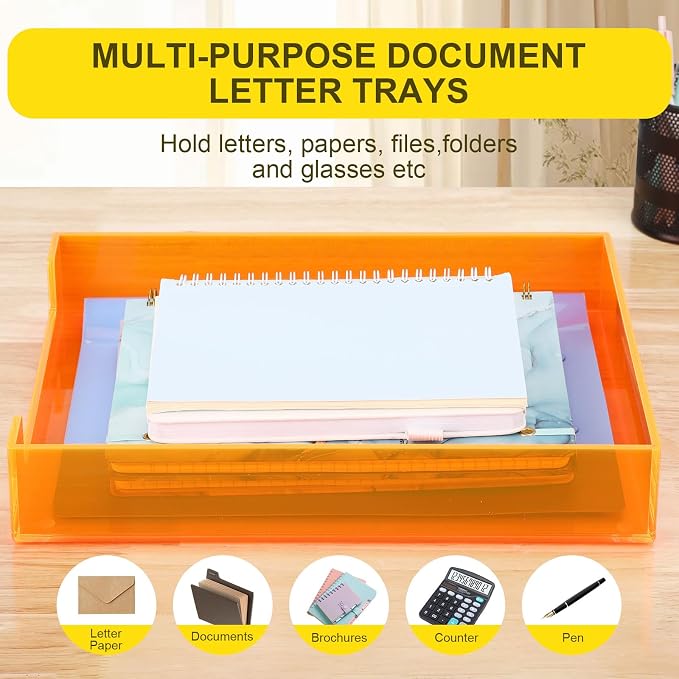 Paper Tray Acrylic File Organizer for Desk Letter Tray Desk Organizer Document Holder Sorter Storage for A4 Office Supplies Magazines, 13.8x10.6x2.4 Inches, Neon Orange