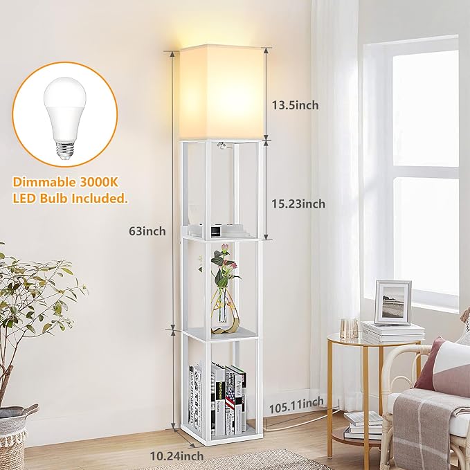Touch Control Shelf Floor Lamp, Modern Dimmable LED Standing Lamps with Shelves, Charging USB Ports, Type C Port and Power Outlet, Wood Tall Light for Living Room, Bedroom, Bedside，White | 3-Tier Modern Square Bookshelf Lamp, Corner Standing Light with...