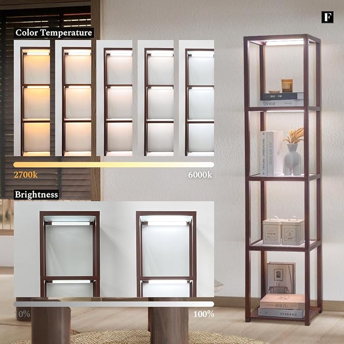 FENLO LED Display Shelf Unit – Dimmable Lighted Furniture for Bedroom, Living Room, or Office – Glass Curio Cabinet Shelf Lamp with App + Remote Control + Adjustable Lighting